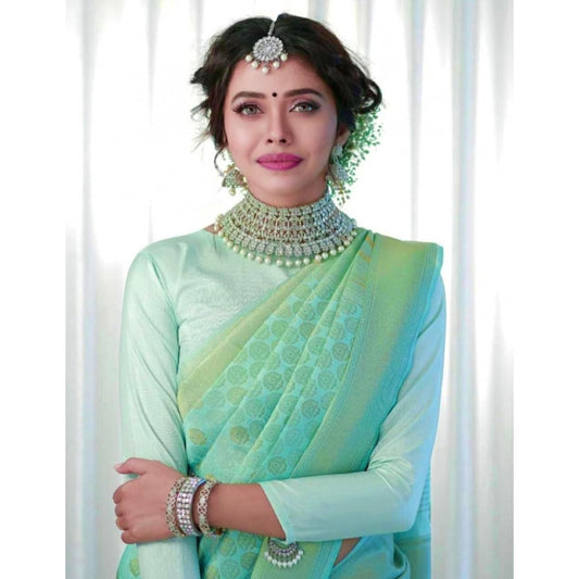 Amfyn Women's Soft Lichi Silk Printed Saree With Unstitched Blouse 5.5Mtr (Light Green)