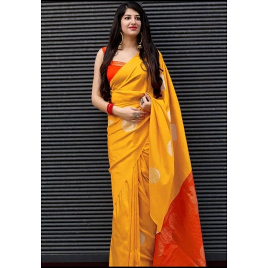 Amfyn Women's Soft Lichi Silk Printed Saree With Unstitched Blouse 5.5Mtr (Yellow)