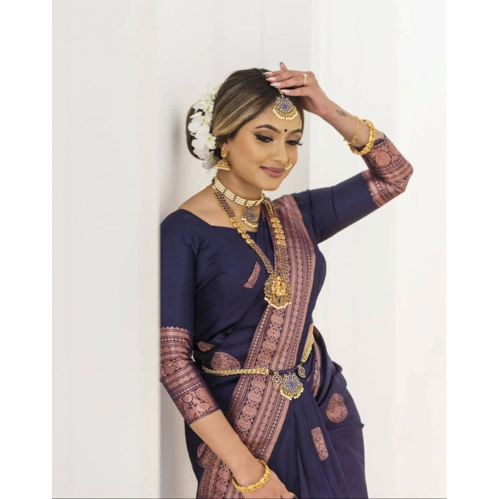 Amfyn Women's Soft Lichi Silk Printed Saree With Unstitched Blouse 5.5Mtr (Navy Blue)