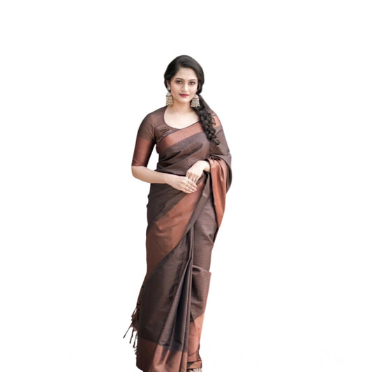 Amfyn Women's Soft Lichi Silk Printed Saree With Unstitched Blouse 5.5Mtr (Brown)