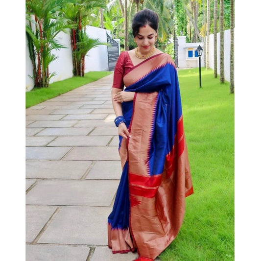 Amfyn Women's Soft Lichi Silk Solid Saree With Unstitched Blouse 5.5Mtr (Blue)