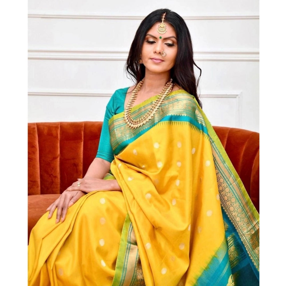 Amfyn Women's Soft Lichi Silk Printed Saree With Unstitched Blouse 5.5Mtr (Yellow)