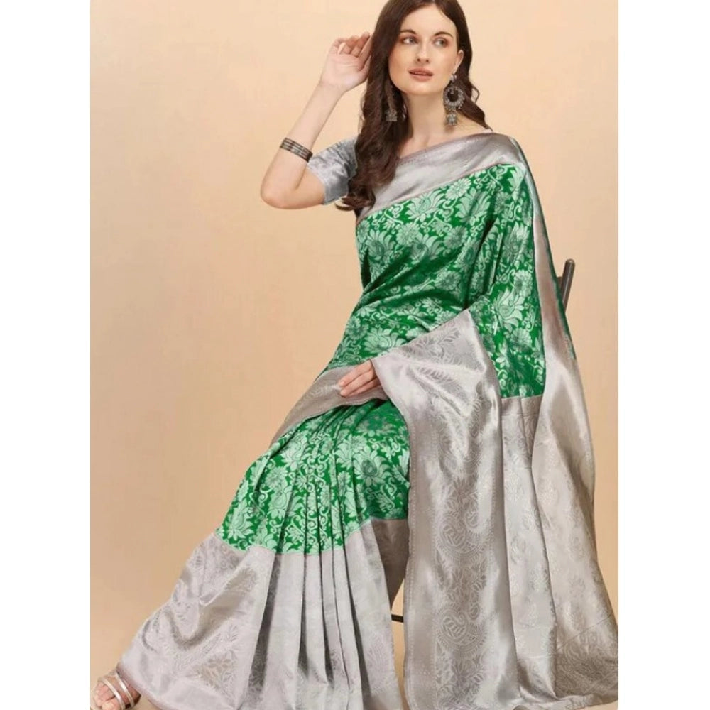 Amfyn Women's Soft Lichi Silk Printed Saree With Unstitched Blouse 5.5Mtr (Green)