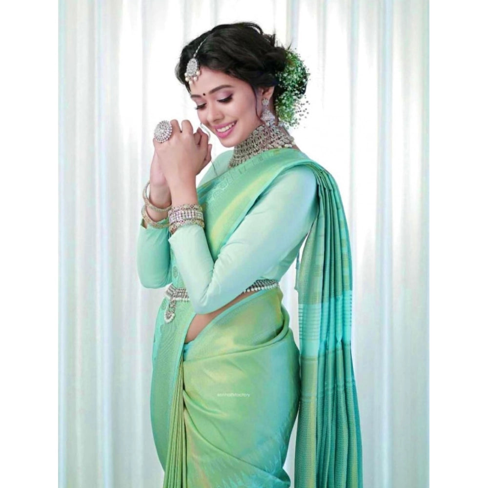 Amfyn Women's Soft Lichi Silk Printed Saree With Unstitched Blouse 5.5Mtr (Light Green)