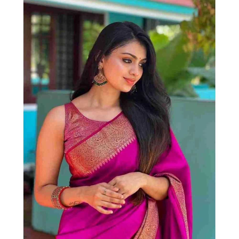 Amfyn Women's Soft Lichi Silk Solid Saree With Unstitched Blouse 5.5Mtr (Pink)