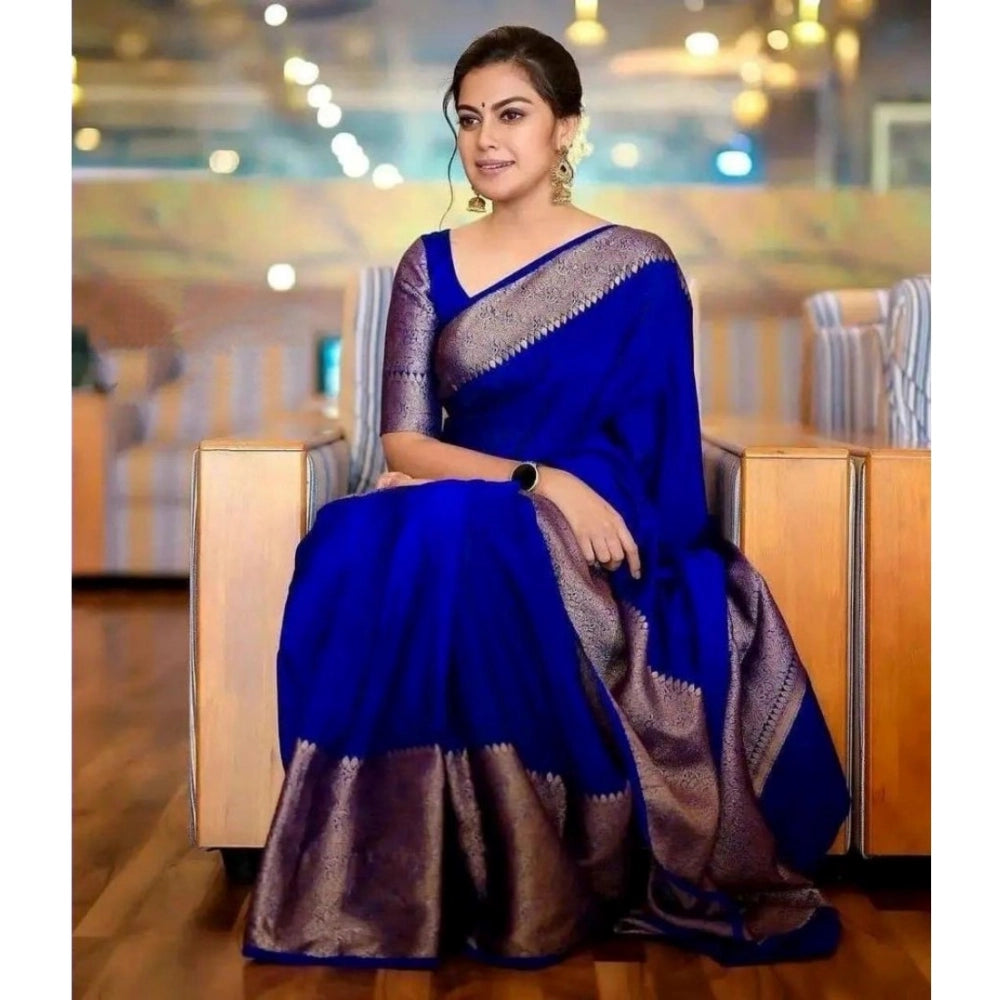 Amfyn Women's Soft Lichi Silk Solid Saree With Unstitched Blouse 5.5Mtr (Blue)