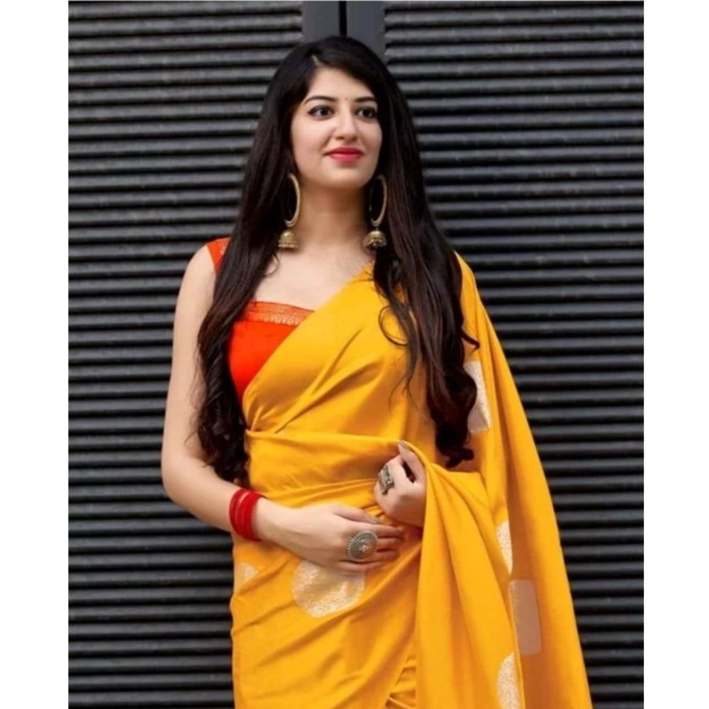 Amfyn Women's Soft Lichi Silk Printed Saree With Unstitched Blouse 5.5Mtr (Yellow)