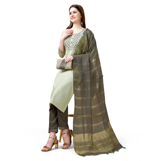 Amfyn Women's Cotton Blend Embroidered 3-4 th Sleeve Round Neck Kurti With Pant Dupatta Set (Light Green)
