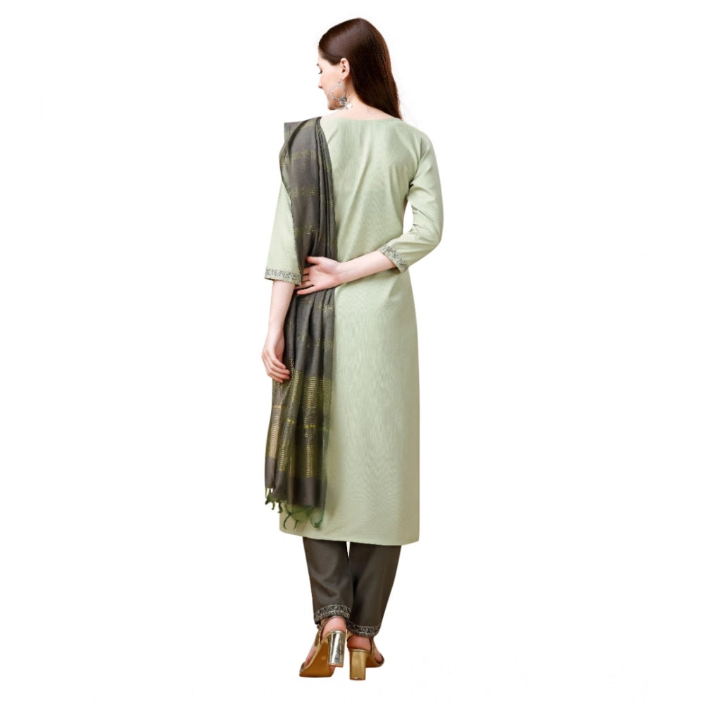 Amfyn Women's Cotton Blend Embroidered 3-4 th Sleeve Round Neck Kurti With Pant Dupatta Set (Light Green)