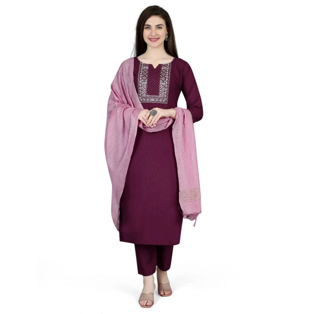 Amfyn Women's Cotton Blend Embroidered 3-4 th Sleeve V Neck Kurti With Pant Dupatta Set (Purple)