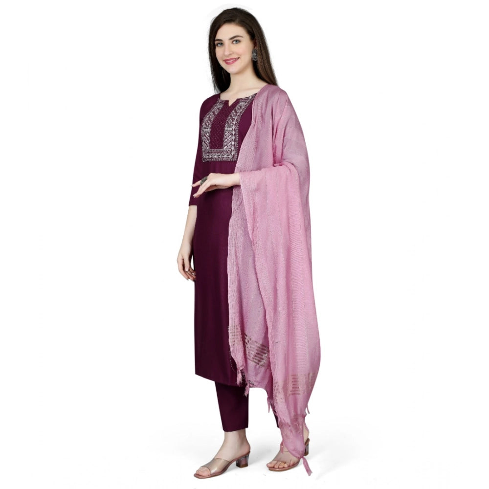 Amfyn Women's Cotton Blend Embroidered 3-4 th Sleeve V Neck Kurti With Pant Dupatta Set (Purple)