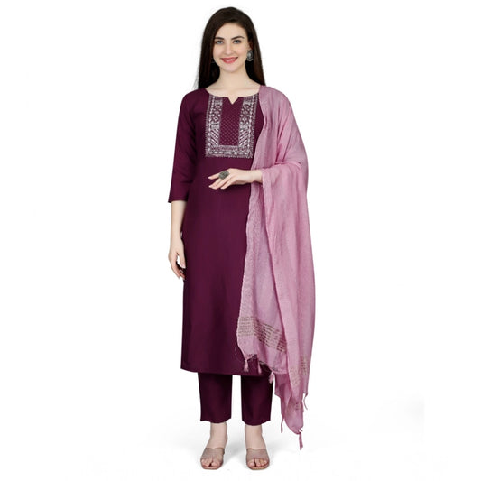 Amfyn Women's Cotton Blend Embroidered 3-4 th Sleeve V Neck Kurti With Pant Dupatta Set (Purple)