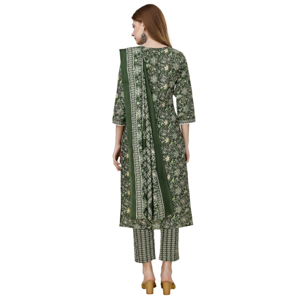 Amfyn Women's Cotton Blend Printed 3-4 th Sleeve Round Neck Kurti With Pant Dupatta Set (Green)