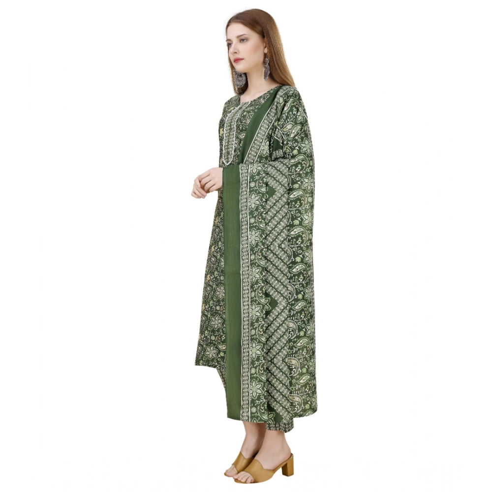 Amfyn Women's Cotton Blend Printed 3-4 th Sleeve Round Neck Kurti With Pant Dupatta Set (Green)