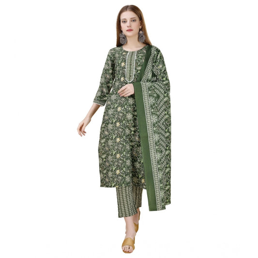 Amfyn Women's Cotton Blend Printed 3-4 th Sleeve Round Neck Kurti With Pant Dupatta Set (Green)