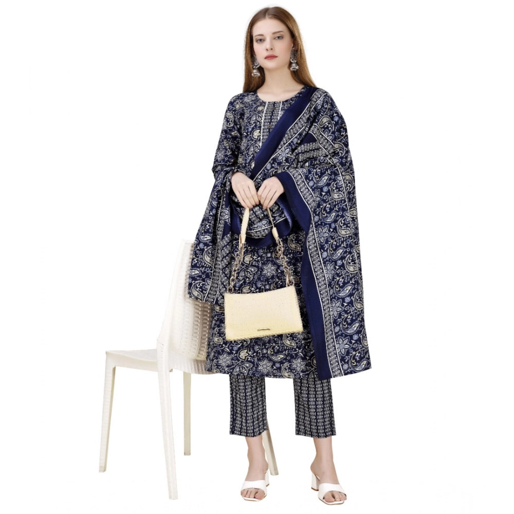 Amfyn Women's Cotton Blend Printed 3-4 th Sleeve Round Neck Kurti With Pant Dupatta Set (Navy Blue)