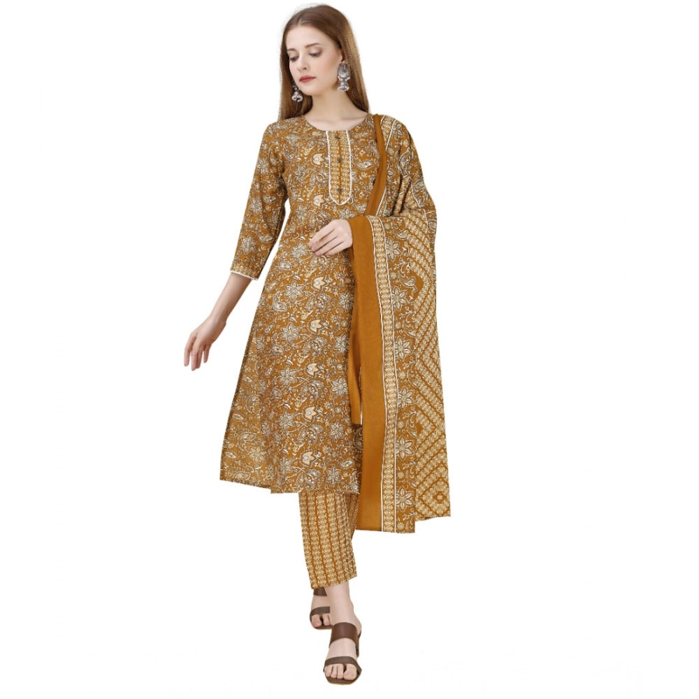 Amfyn Women's Cotton Blend Printed 3-4 th Sleeve Round Neck Kurti With Pant Dupatta Set (Yellow)