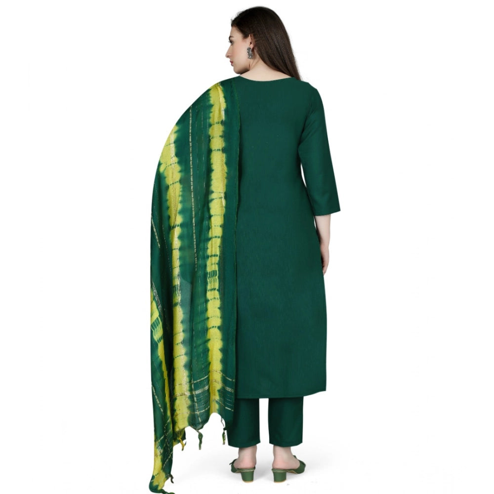 Amfyn Women's Cotton Blend Embroidered 3-4 th Sleeve Round Neck Kurti With Pant Dupatta Set (Green)