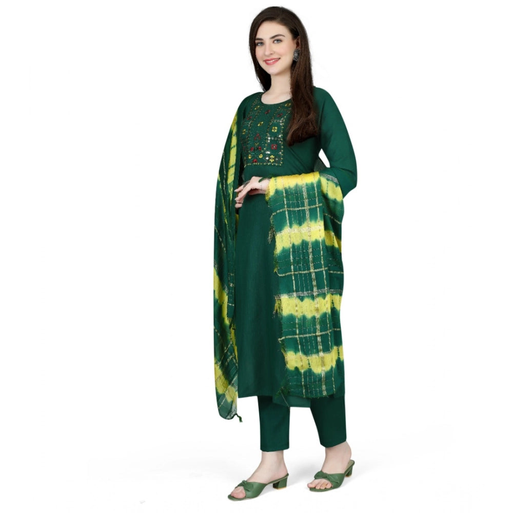 Amfyn Women's Cotton Blend Embroidered 3-4 th Sleeve Round Neck Kurti With Pant Dupatta Set (Green)