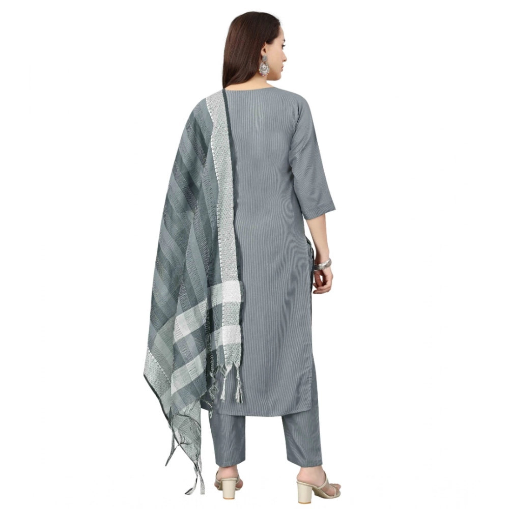 Amfyn Women's Cotton Blend Mirror Work 3-4 th Sleeve Sweetheart Neck Kurti With Pant Dupatta Set (Grey)
