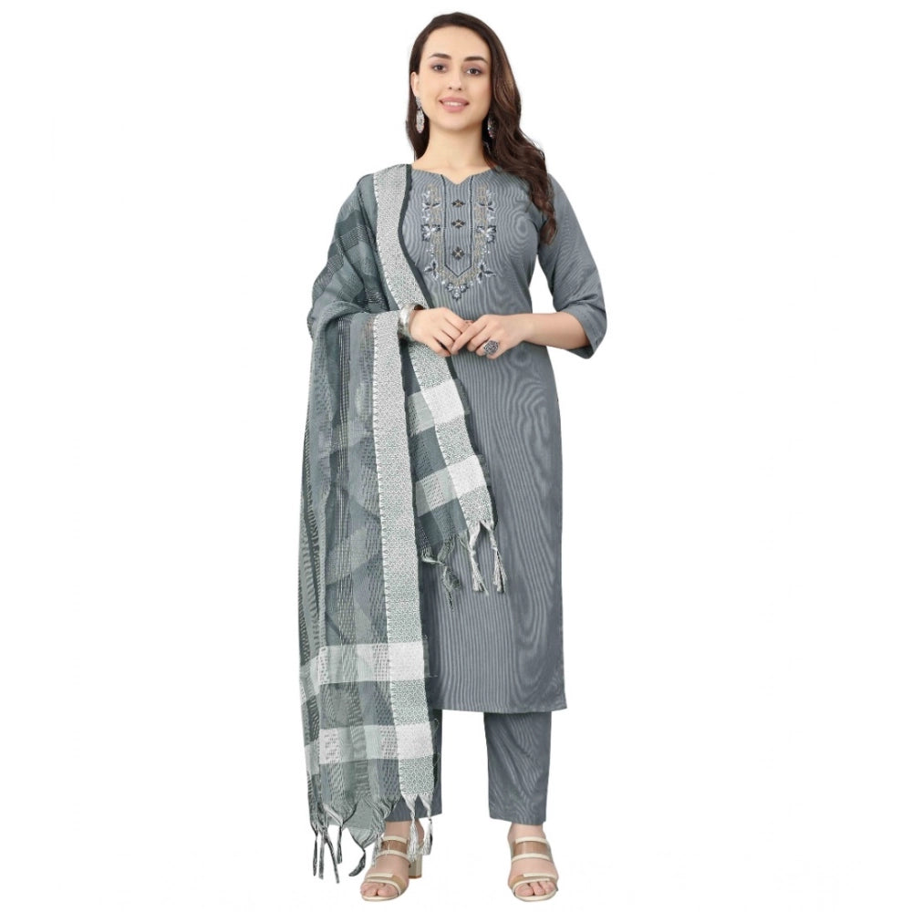 Amfyn Women's Cotton Blend Mirror Work 3-4 th Sleeve Sweetheart Neck Kurti With Pant Dupatta Set (Grey)