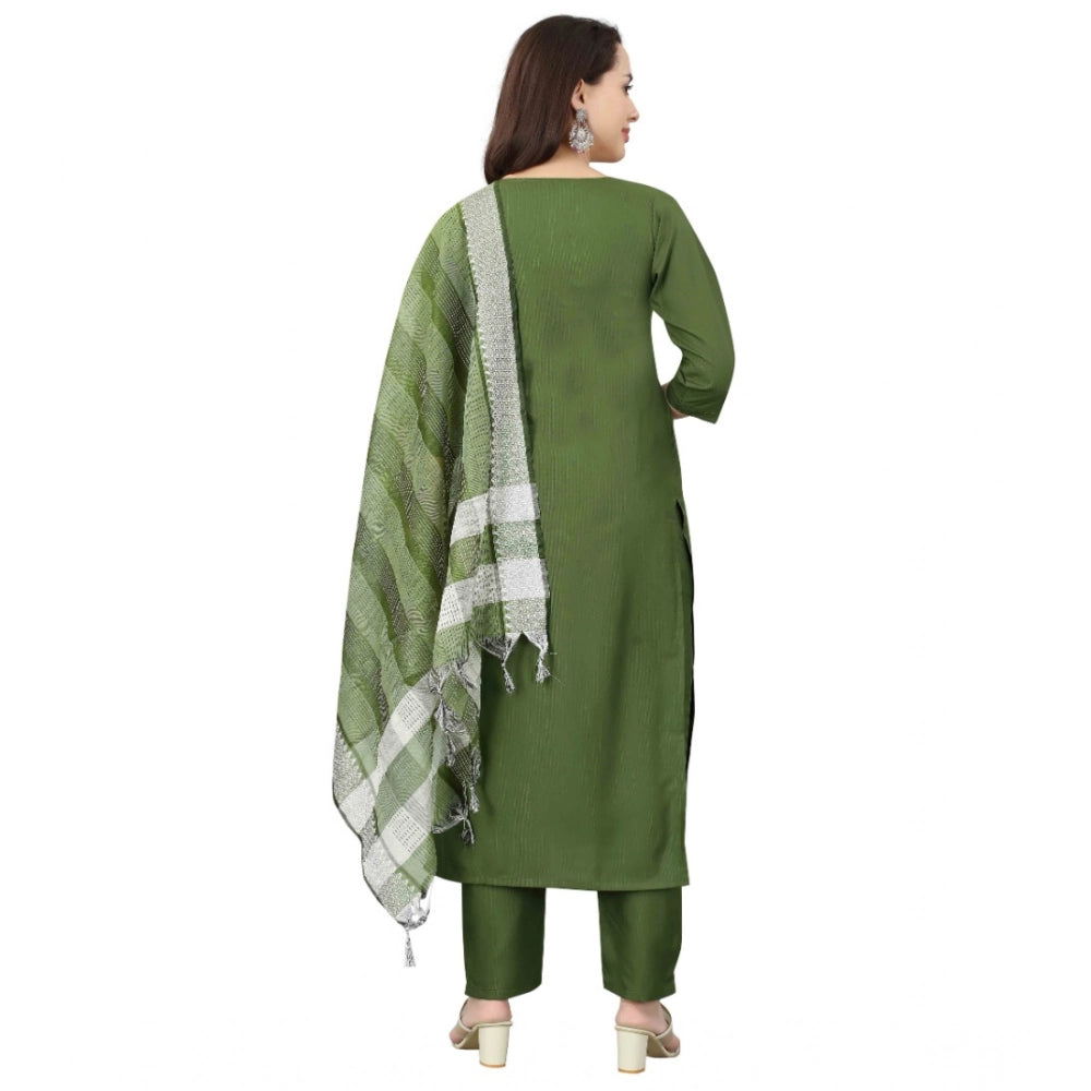 Amfyn Women's Cotton Blend Mirror Work 3-4 th Sleeve Sweetheart Neck Kurti With Pant Dupatta Set (Mehendi green)