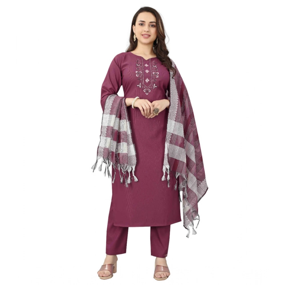 Amfyn Women's Cotton Blend Mirror Work 3-4 th Sleeve Sweetheart Neck Kurti With Pant Dupatta Set (Purple)