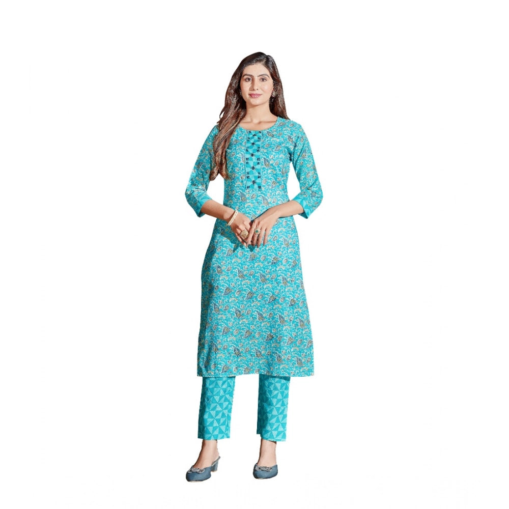 Amfyn Women's Cotton Blend Foil Print - Mirror Work 3-4 th Sleeve Round Neck Kurti With Pant Set (Green)