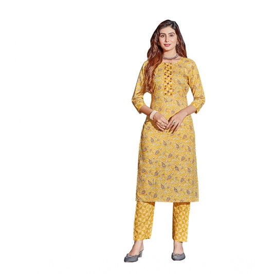 Amfyn Women's Cotton Blend Foil Print - Mirror Work 3-4 th Sleeve Round Neck Kurti With Pant Set (Mustard)