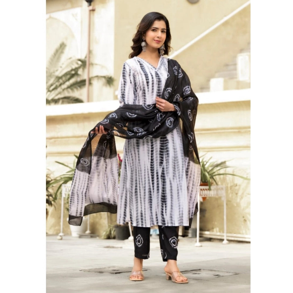 Amfyn Women's Cotton Printed 3-4 th Sleeve V Neck Kurti With Pant Dupatta Set (Black)