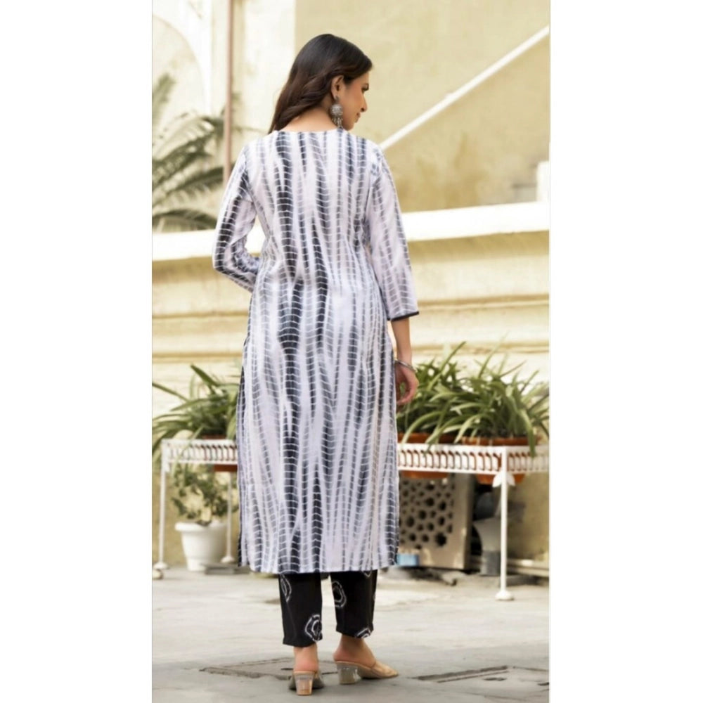 Amfyn Women's Cotton Printed 3-4 th Sleeve V Neck Kurti With Pant Dupatta Set (Black)