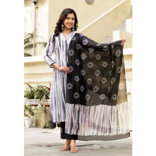 Amfyn Women's Cotton Printed 3-4 th Sleeve V Neck Kurti With Pant Dupatta Set (Black)