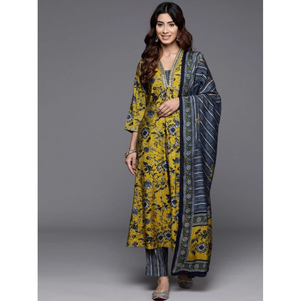 Amfyn Women's Cotton Blend Printed 3-4 th Sleeve V Neck Kurti With Pant Dupatta Set (Yellow)