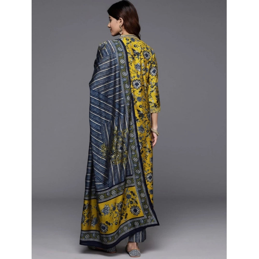 Amfyn Women's Cotton Blend Printed 3-4 th Sleeve V Neck Kurti With Pant Dupatta Set (Yellow)