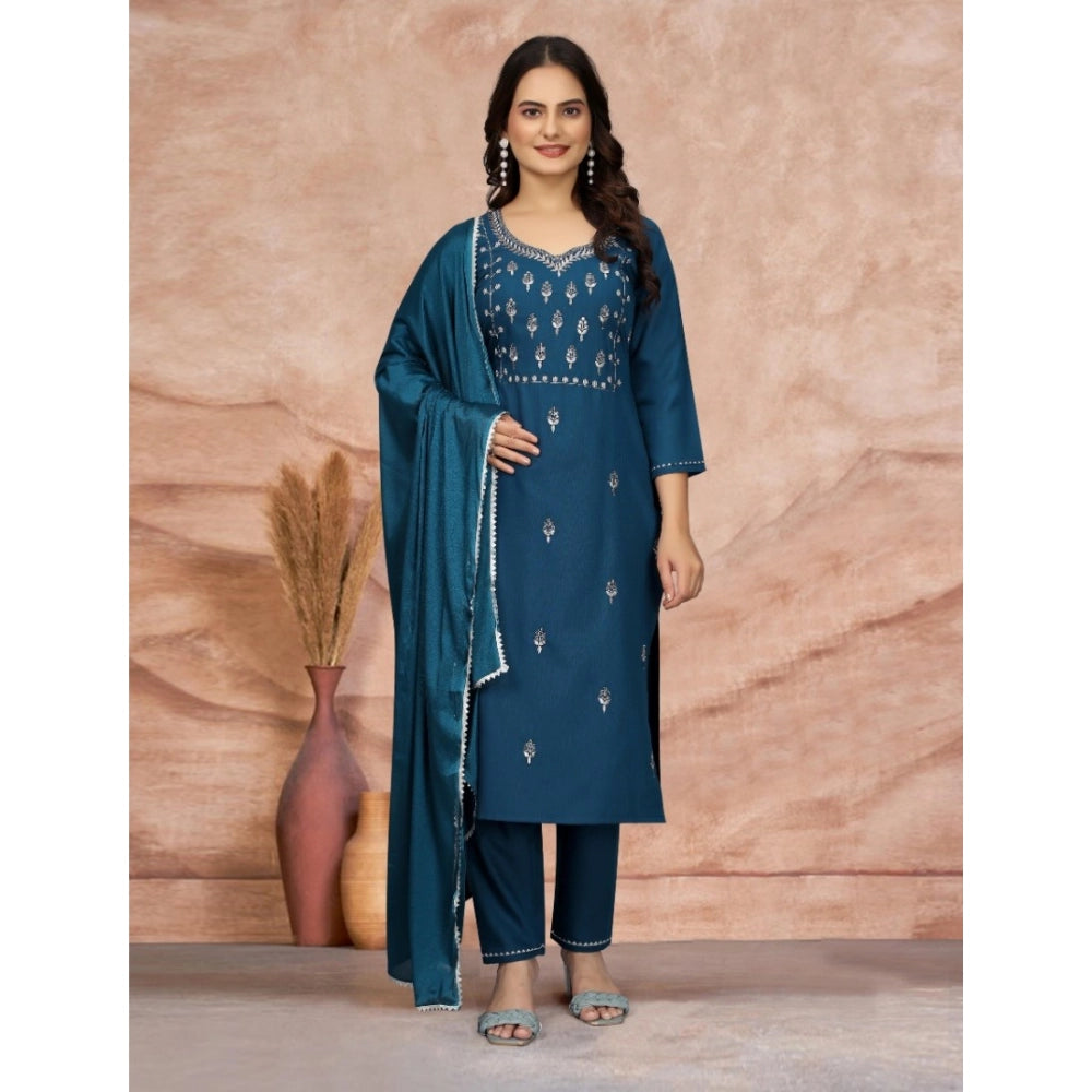 Amfyn Women's Cotton Blend Embroidered 3-4 th Sleeve Sweetheart Neck Kurti With Pant Dupatta Set (Blue)