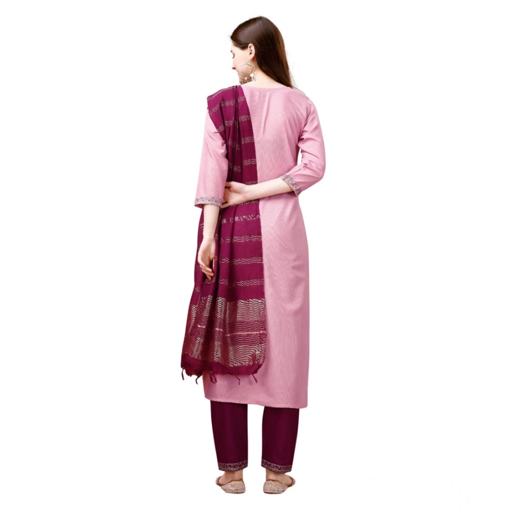 Amfyn Women's Cotton Blend Embroidered 3-4 th Sleeve Round Neck Kurti With Pant Dupatta Set (Pink )