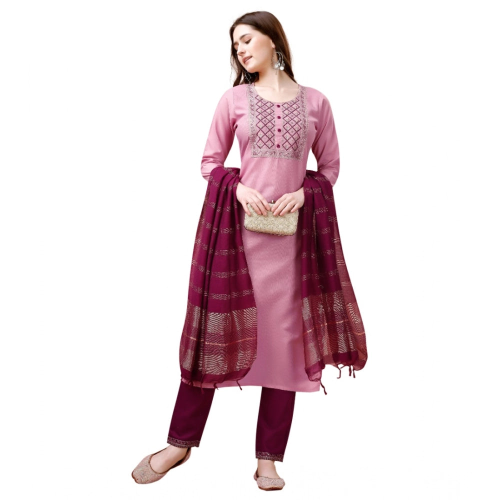 Amfyn Women's Cotton Blend Embroidered 3-4 th Sleeve Round Neck Kurti With Pant Dupatta Set (Pink )