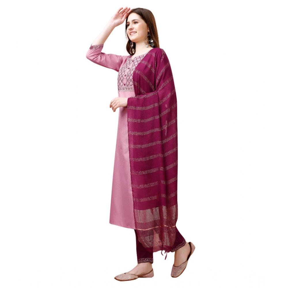 Amfyn Women's Cotton Blend Embroidered 3-4 th Sleeve Round Neck Kurti With Pant Dupatta Set (Pink )