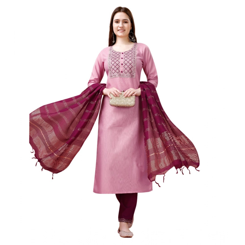 Amfyn Women's Cotton Blend Embroidered 3-4 th Sleeve Round Neck Kurti With Pant Dupatta Set (Pink )