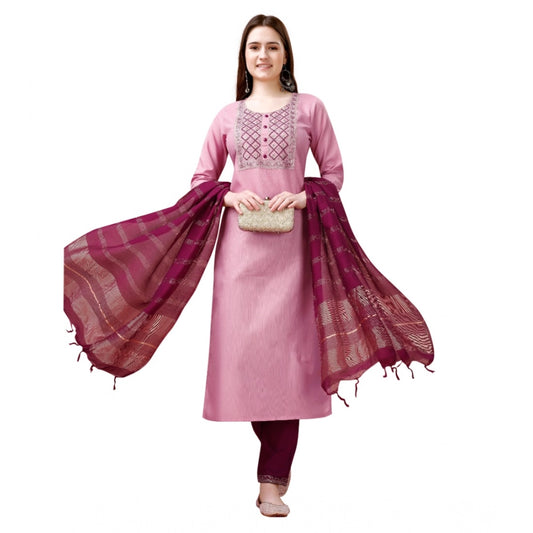 Amfyn Women's Cotton Blend Embroidered 3-4 th Sleeve Round Neck Kurti With Pant Dupatta Set (Pink )