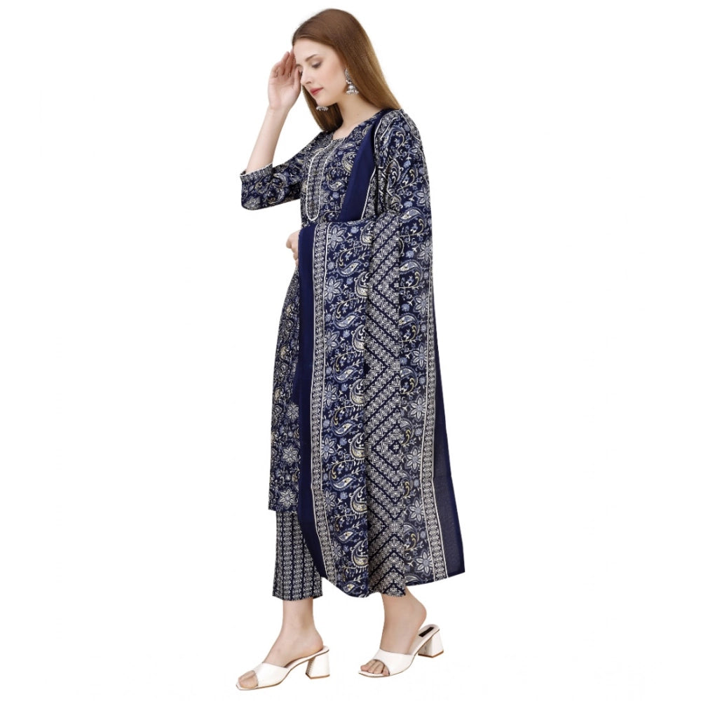 Amfyn Women's Cotton Blend Printed 3-4 th Sleeve Round Neck Kurti With Pant Dupatta Set (Navy Blue)