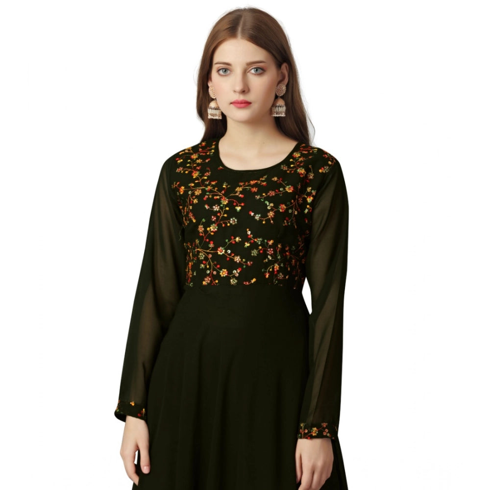 Amfyn Women's Georgette Embroidered Full Sleeve Round Neck Gown (Mehendi)