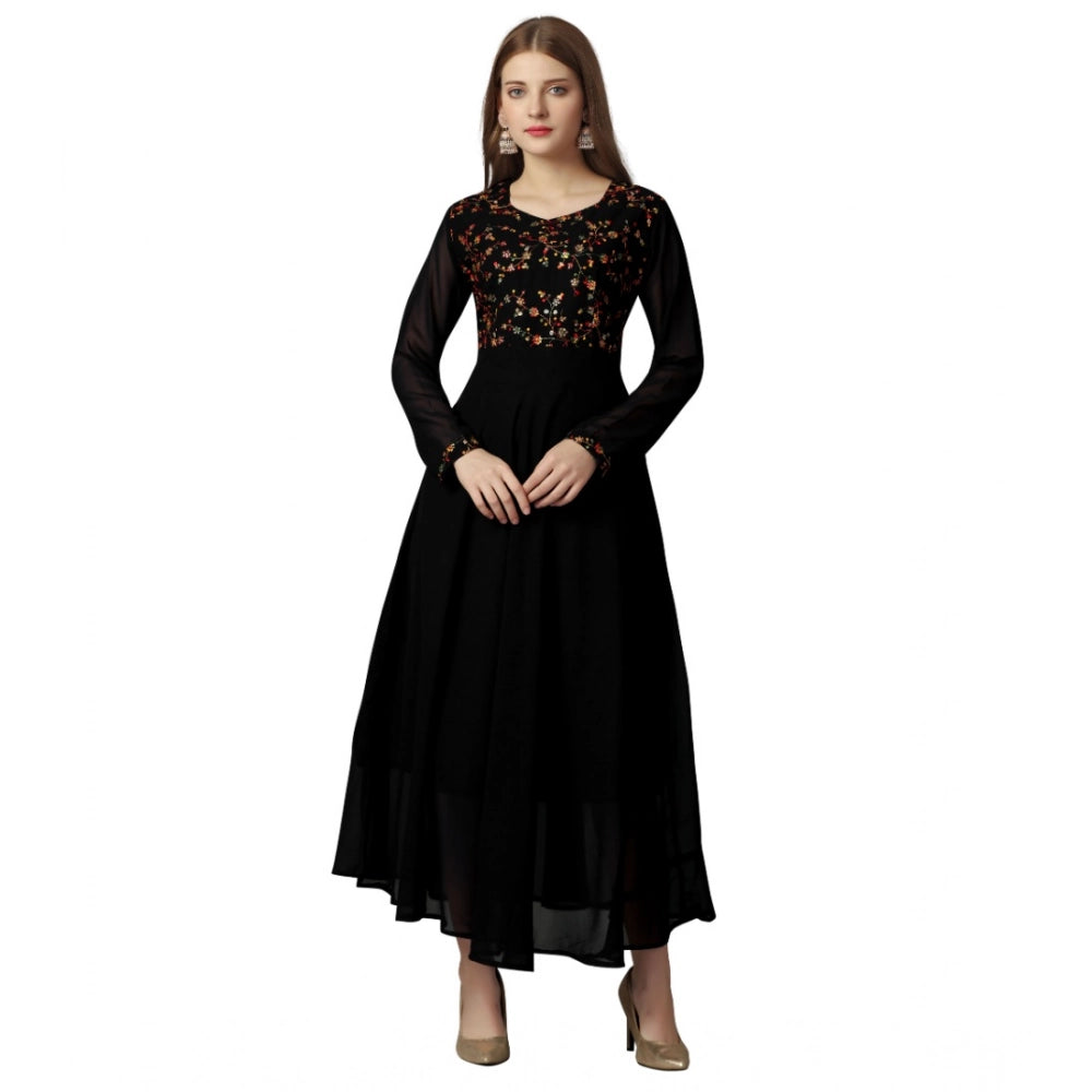 Amfyn Women's Georgette Embroidered Full Sleeve Round Neck Gown (Black)