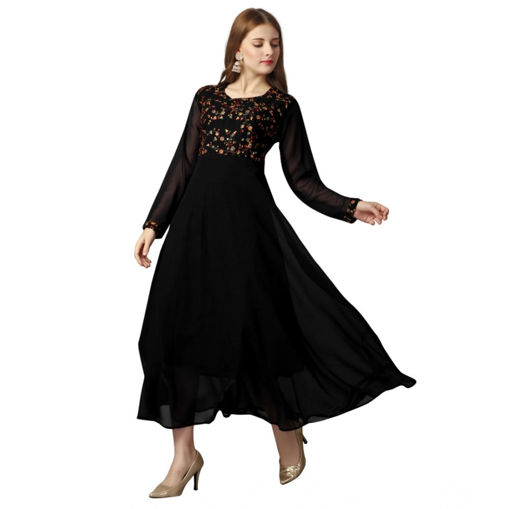 Amfyn Women's Georgette Embroidered Full Sleeve Round Neck Gown (Black)