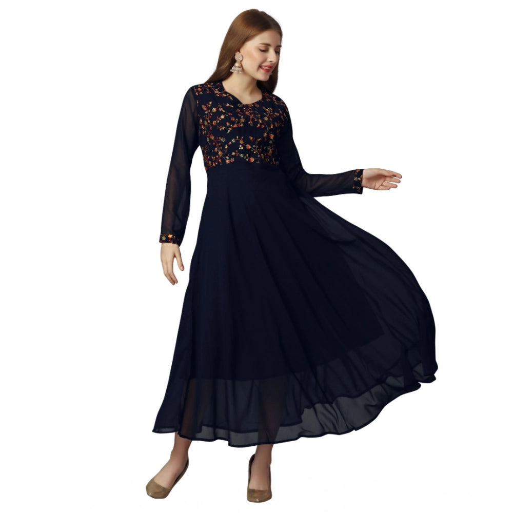 Amfyn Women's Georgette Embroidered Full Sleeve Round Neck Gown (Navy Blue )
