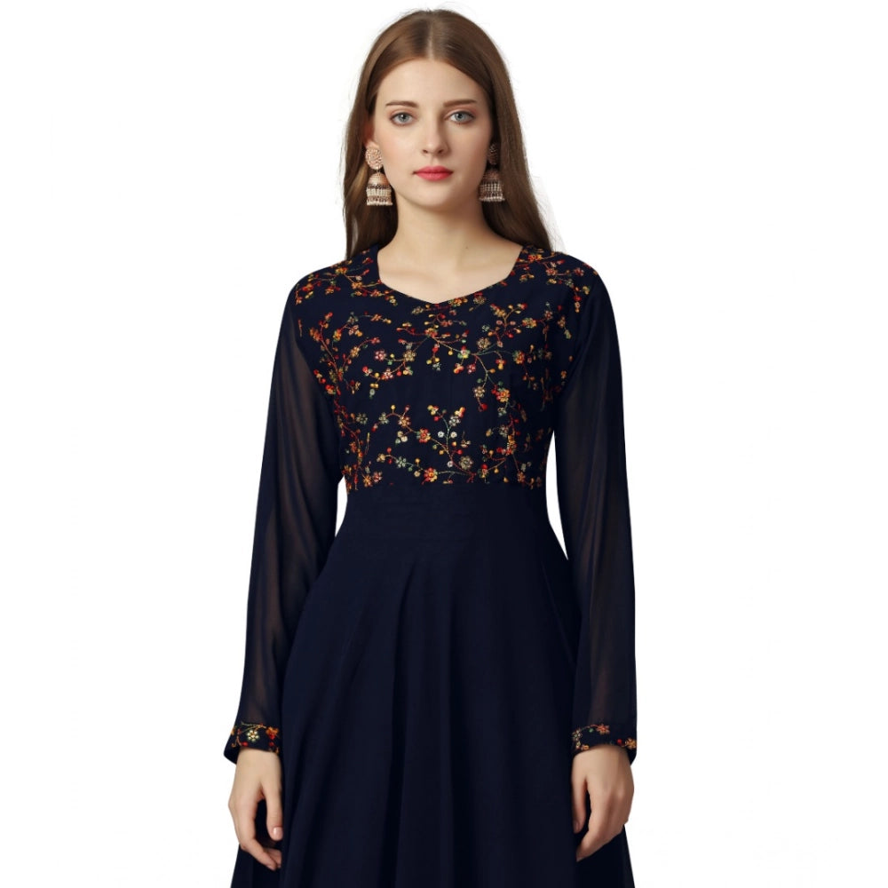 Amfyn Women's Georgette Embroidered Full Sleeve Round Neck Gown (Navy Blue )