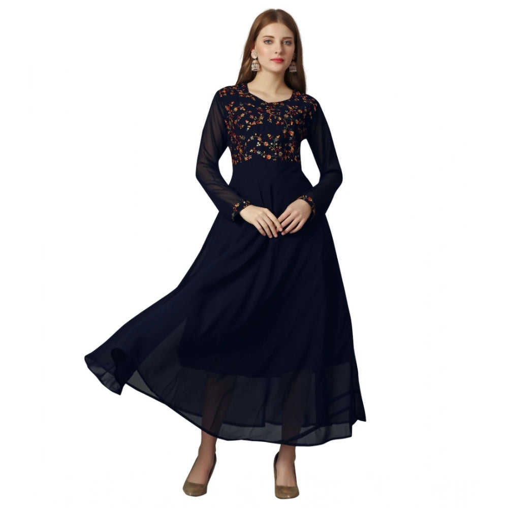Amfyn Women's Georgette Embroidered Full Sleeve Round Neck Gown (Navy Blue )