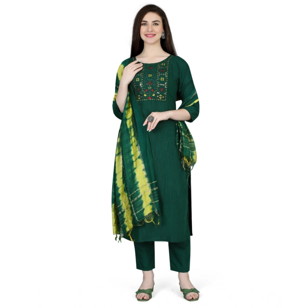 Amfyn Women's Cotton Blend Embroidered 3-4 th Sleeve Round Neck Kurti With Pant Dupatta Set (Green)