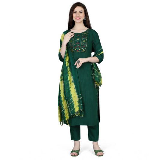 Amfyn Women's Cotton Blend Embroidered 3-4 th Sleeve Round Neck Kurti With Pant Dupatta Set (Green)