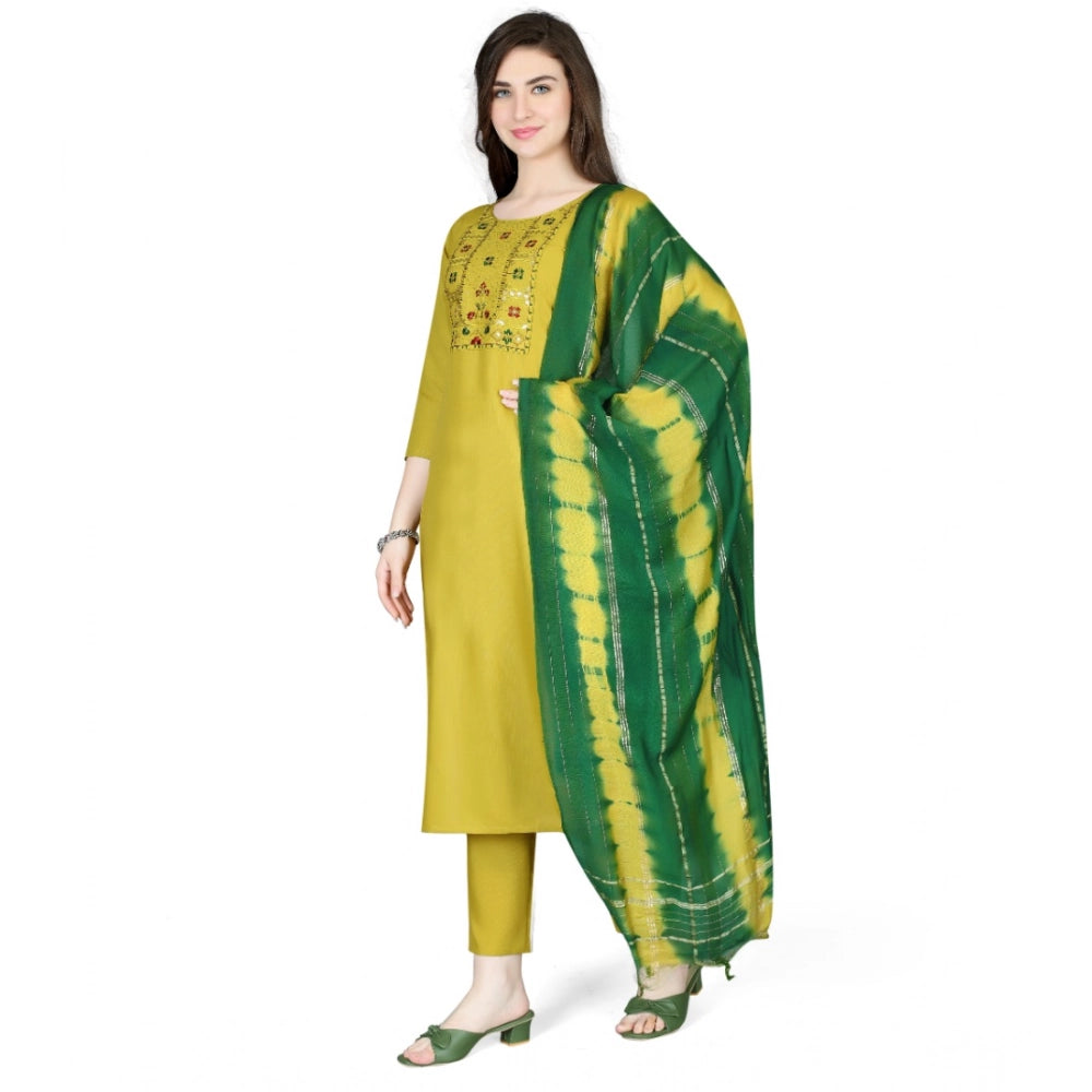 Amfyn Women's Cotton Blend Embroidered 3-4 th Sleeve Round Neck Kurti With Pant Dupatta Set (Yellow)